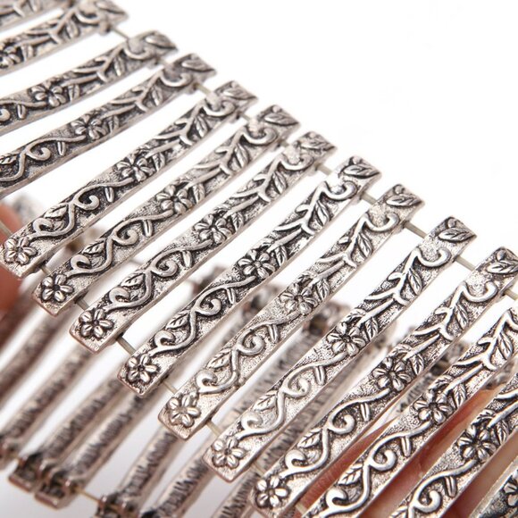 Silver Metal Wide Cuff Bracelet Floral Stretch Antiqued Boho Brushed Bangle - Picture 6 of 7